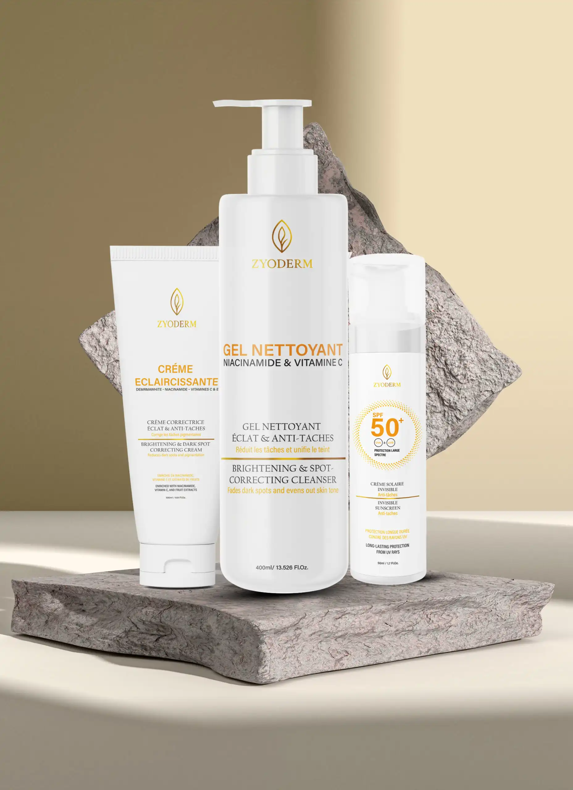 PACK ZYODERM CREME SOLAIRE INVISIBLE + CREME ECLAIRCISSANTE + GEL NETTOYANT PACK ZYODERM CREME SOLAIRE INVISIBLE + CREME ECLAIRCISSANTE + GEL NETTOYANT
